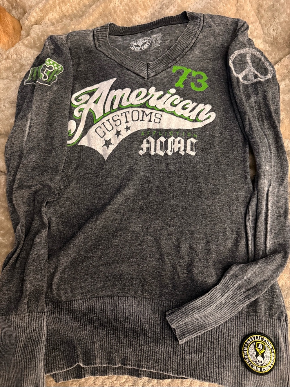 Affliction Gray Slouchy Baby T Sweater with Green and White Peace Graphic